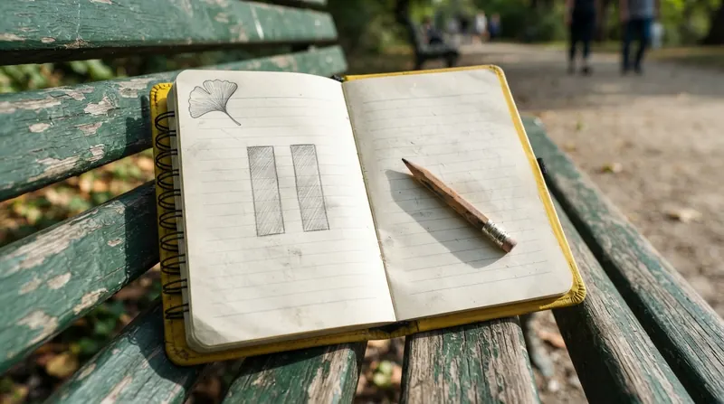 A hand-drawn chart in pencil on a yellow field-book page showing two nearly equal bars side by side, with a sketched ginkgo leaf in the corner