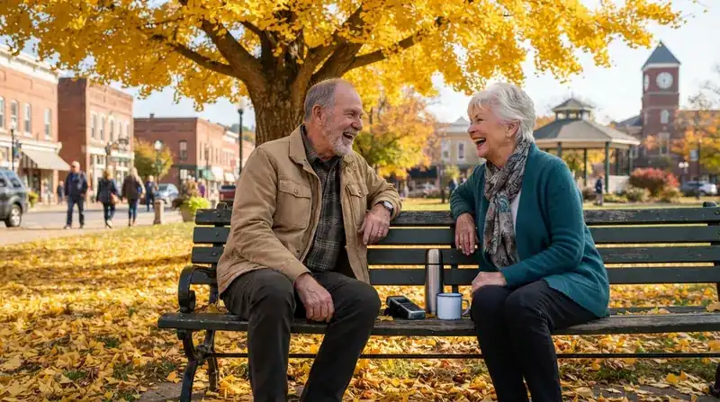 An older man and an older woman laughing together on a green park bench under a golden ginkgo tree with a small audio recorder and a thermos between them