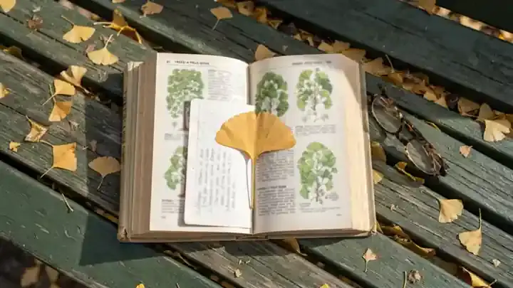 A golden ginkgo leaf pressed flat between the pages of an old open field guide to trees with a handwritten index card tucked beside it on a park bench