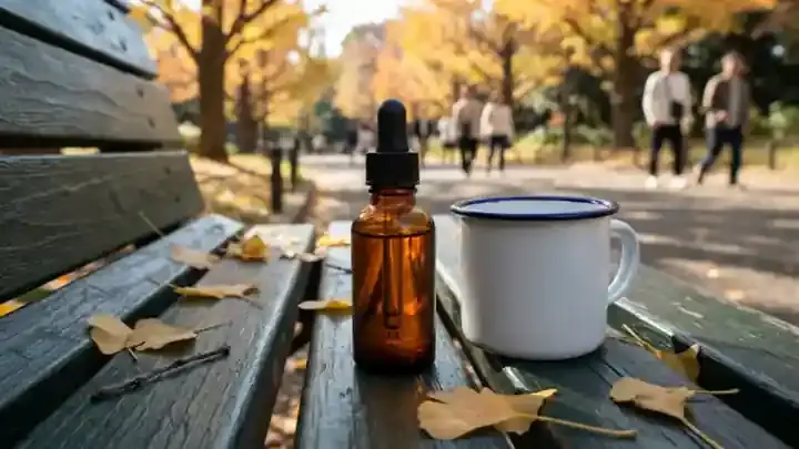A small amber glass bottle with a black bulb top standing on the slats of a green park bench beside an enamel camp cup and fallen ginkgo leaves
