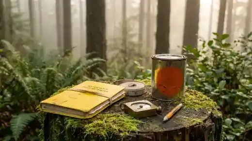 A weathered yellow field notebook, a cloth diameter tape, a clinometer and a can of tree-marking paint on a mossy stump in a misty Douglas fir forest
