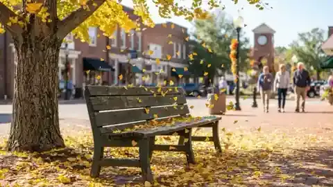 Golden ginkgo leaves drifting down onto a green park bench and a brick sidewalk in morning sun, slow zoom